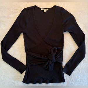 Express | M | Black Ribbed V Neck Wrap Front Tie Long Sleeve Essential Top